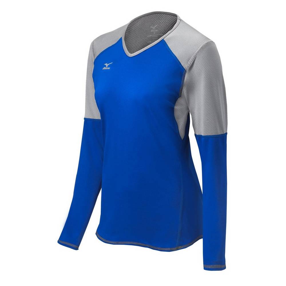 Womens Mizuno Techno VI Long Sleeve Volleyball Jersey Royal/Silver Philippines (EQKBUI714)